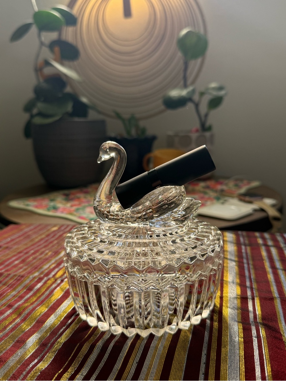 Vintage Jeannette Glass Swan Powder Jar & Lipstick Holder